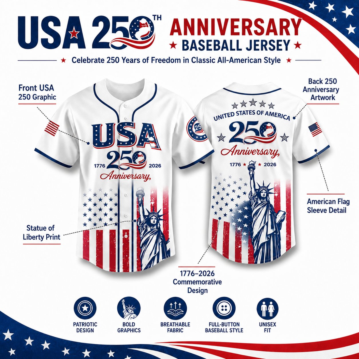 🗽 USA 250th Anniversary Baseball Jersey – Patriotic Statue of Liberty Print, 4th of July Outfit
