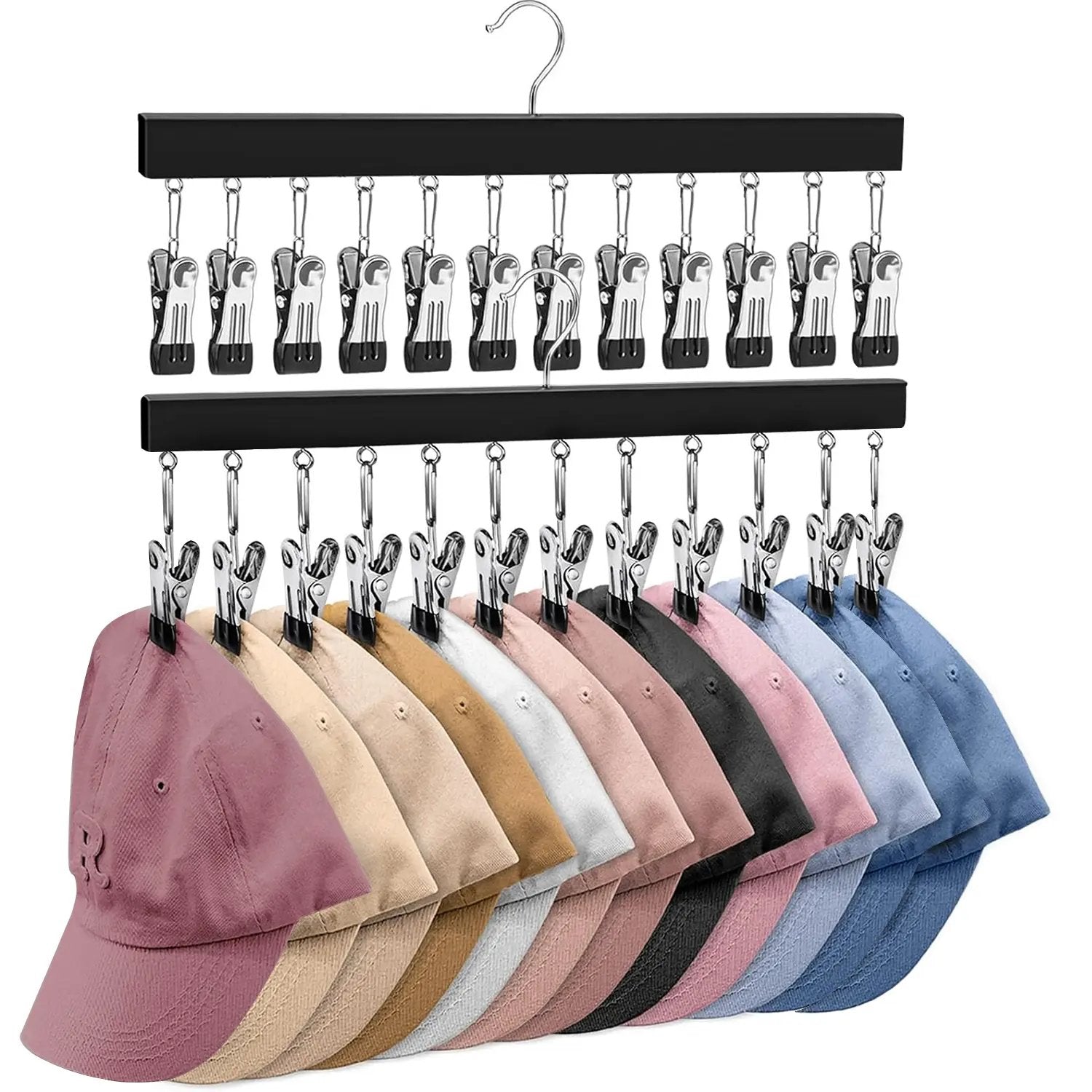 ✔️Wooden Hat Organizer with 12 Stainless Steel Clips Holds