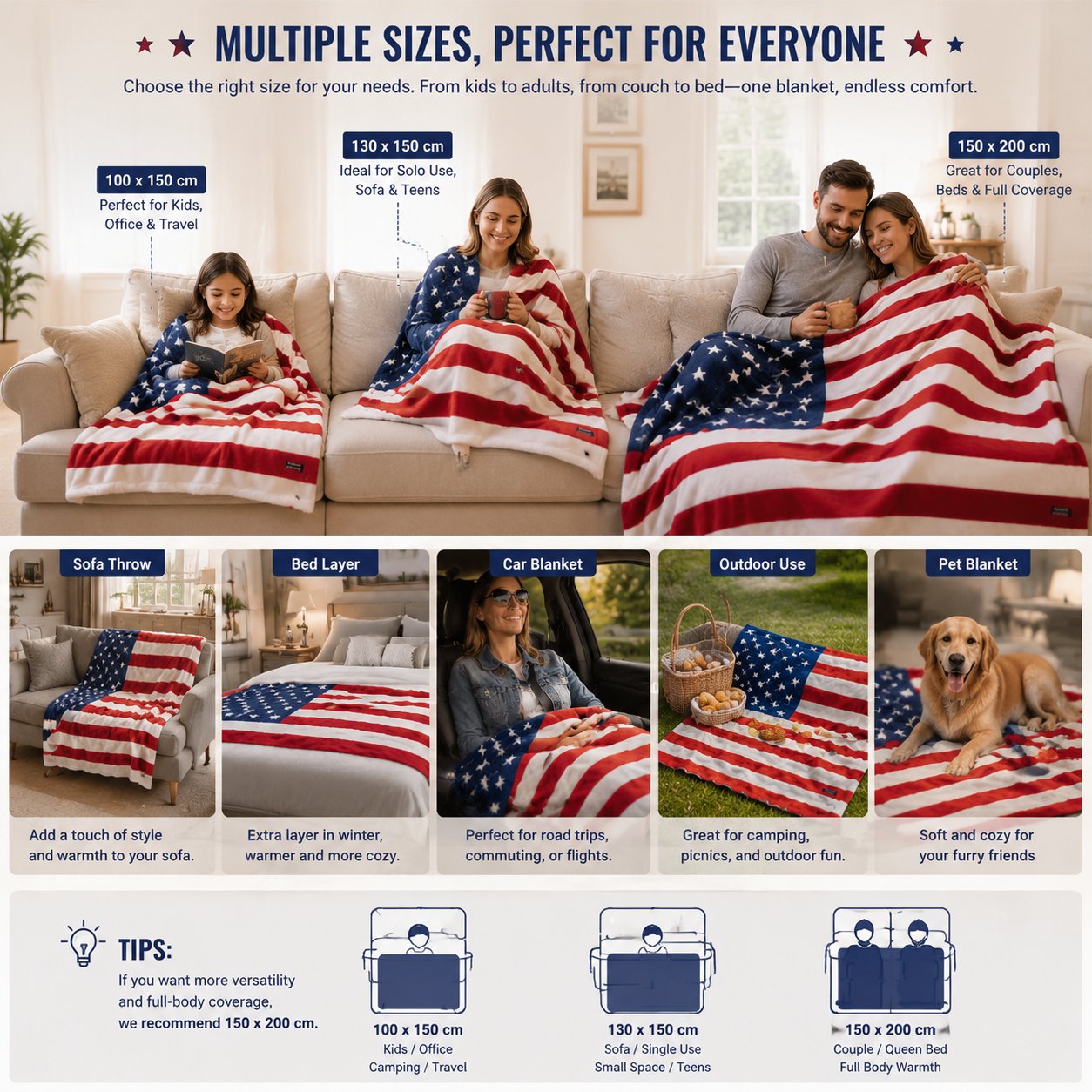 🇺🇸❤️American Flag Flannel Blanket — Ultra-Soft Flannel | Non-Shedding | Suitable for All Seasons | Available in Three Sizes