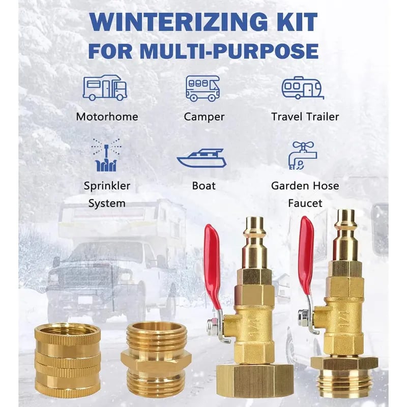 ❄️ Lead-Free Brass RV Winterizing Blowout Adapter Kit with Shut Off Ball Valve