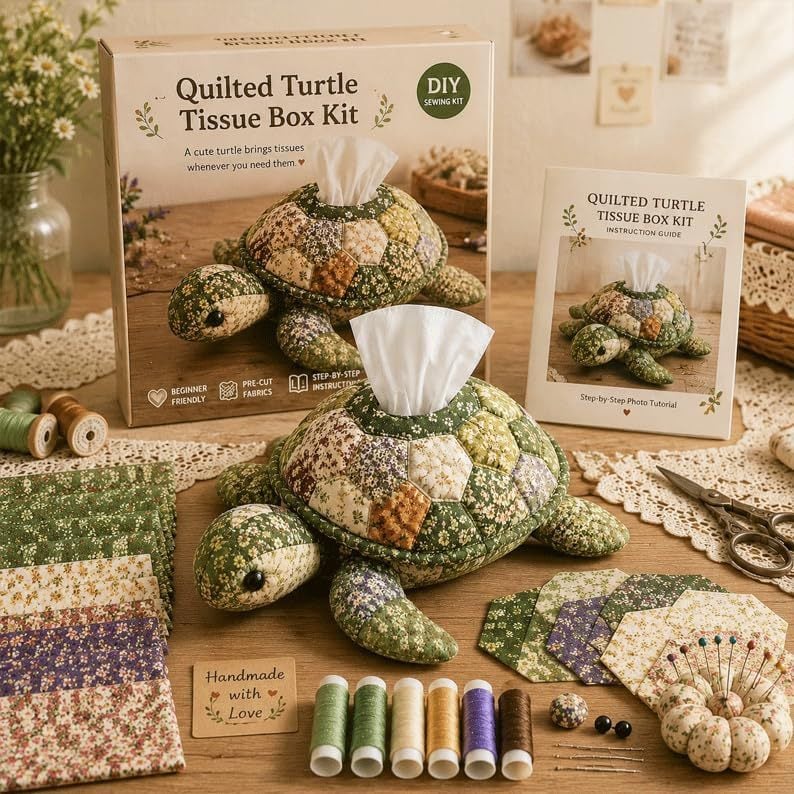 ✨Beginner-Friendly🧵Quilted sea Animal Tissue Box DIY Kit💖