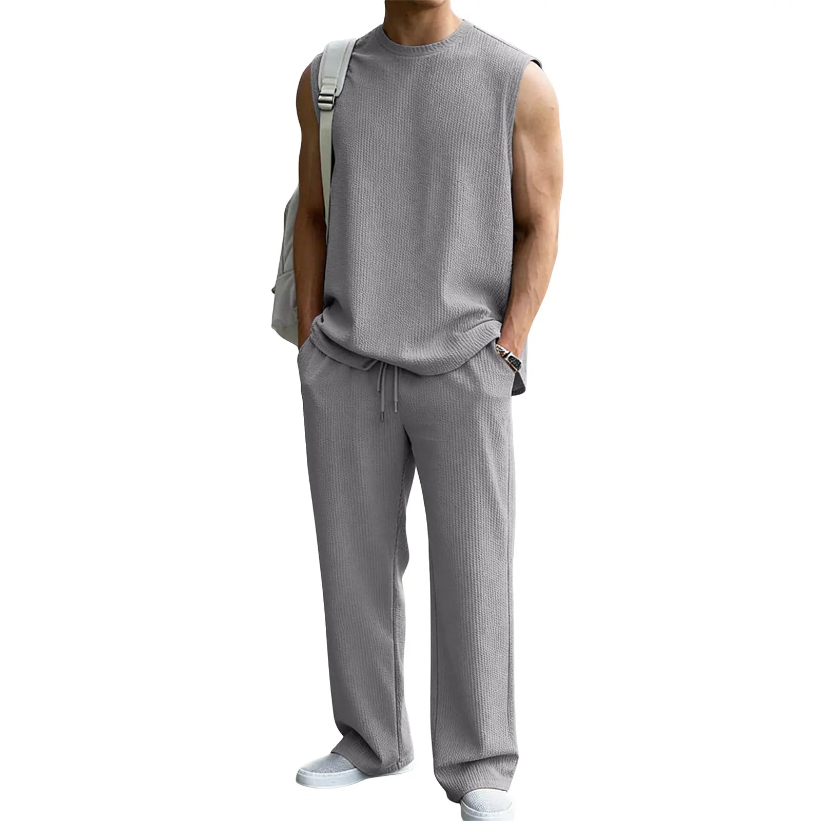 Mens 2 Piece Rib Knit Sweatsuit Summer Sleeveless Tank Top Baggy Wide Leg Pants Set Vacation Beach Outfit for Men