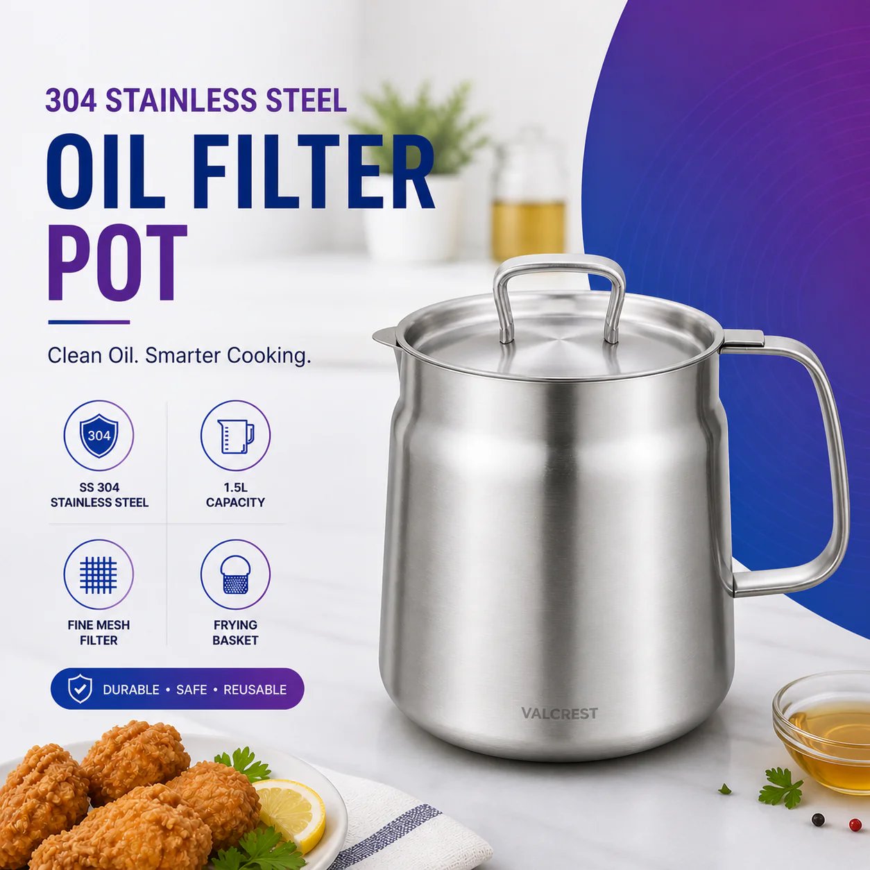 304 Stainless Steel Oil Filter Pot with Fine Mesh Filter & Frying Basket – 1.5L