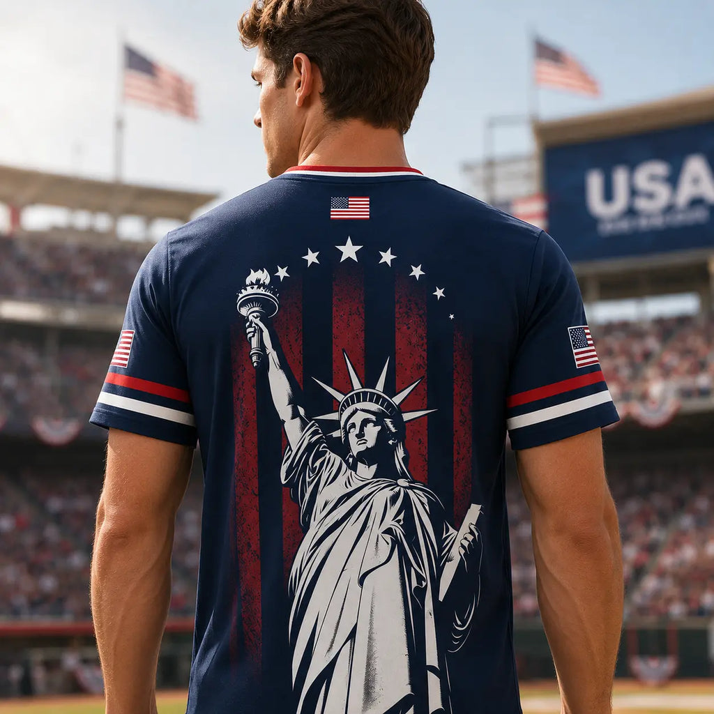 🇺🇸 USA Liberty Soccer Jersey – Patriotic American Flag V-Neck Football Shirt | Red White Blue Statue of Liberty Fan Jersey for Men & Women