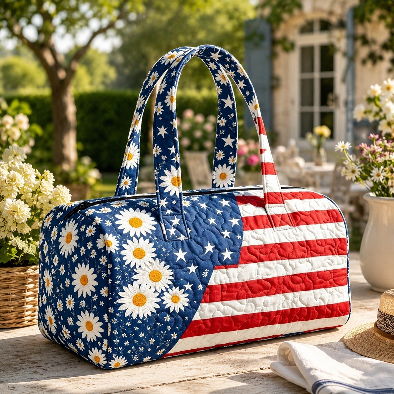 Patriotic Quilted Tote Bag | 3D Floral American Flag Travel Duffel
