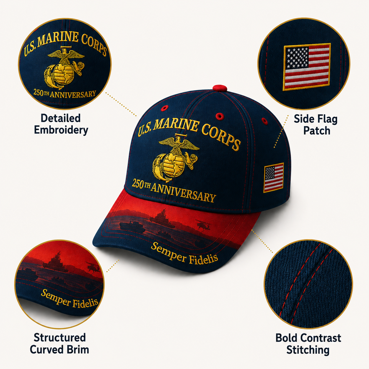 🇺🇸🎖️ U.S. Marine Corps 250th Anniversary Commemorative Cap – Embroidered Eagle, Globe & Anchor with "Semper Fidelis" Motto