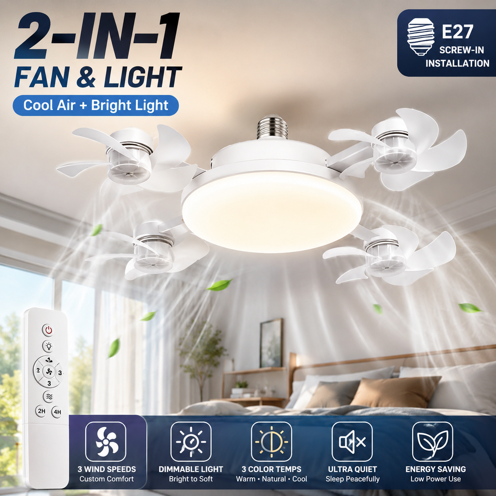 💡2026 New E27 Socket Ceiling Fan Light - 2-in-1 Silent LED Fan with Remote Control, Energy-Saving Cooling & Lighting Combo for Home Bedroom