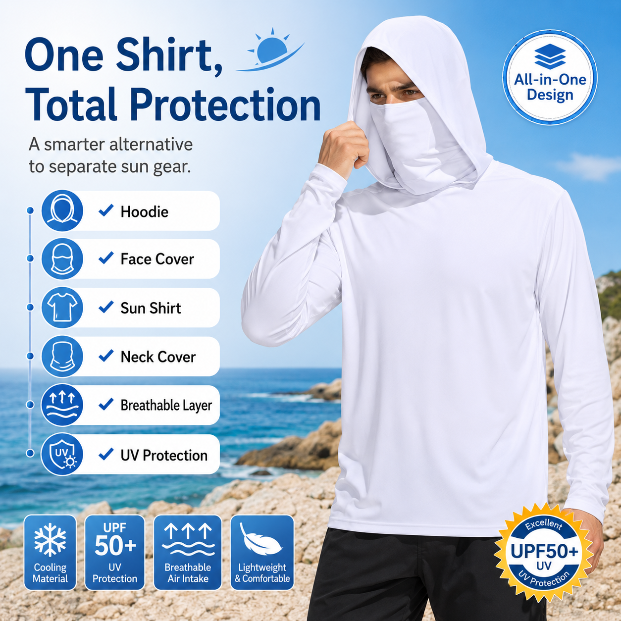UPF 50+ Fishing Hoodie with Face Cover