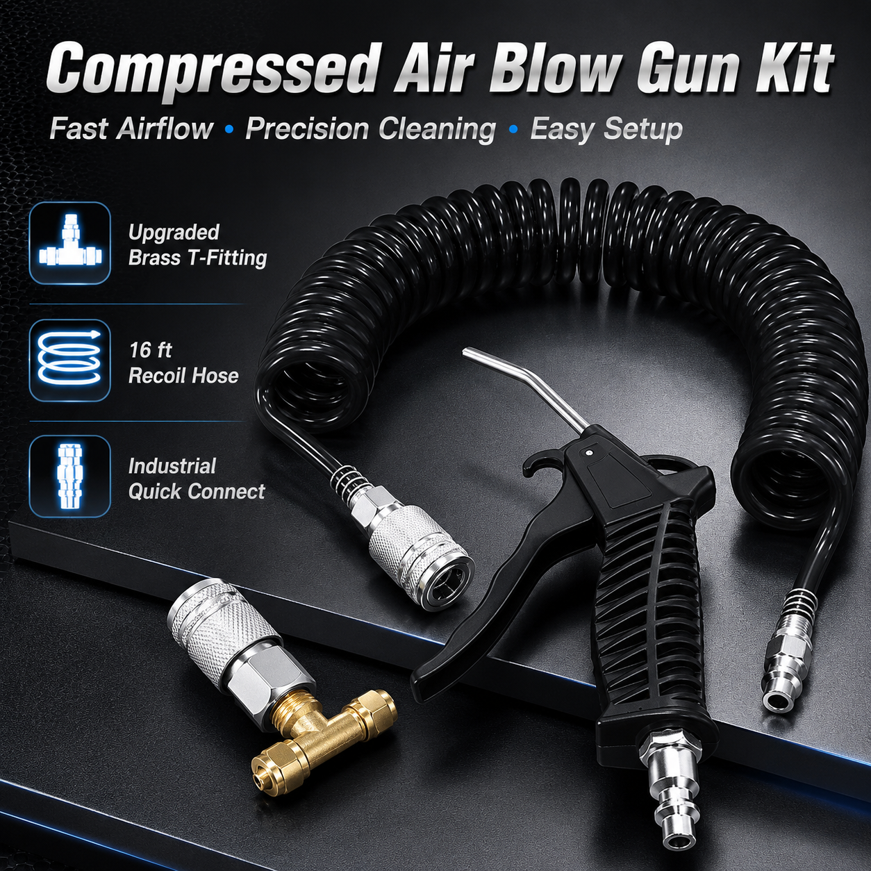 💨 High Flow Air Blow Gun Kit with 16FT Coiled PU Hose & Brass T-Fitting