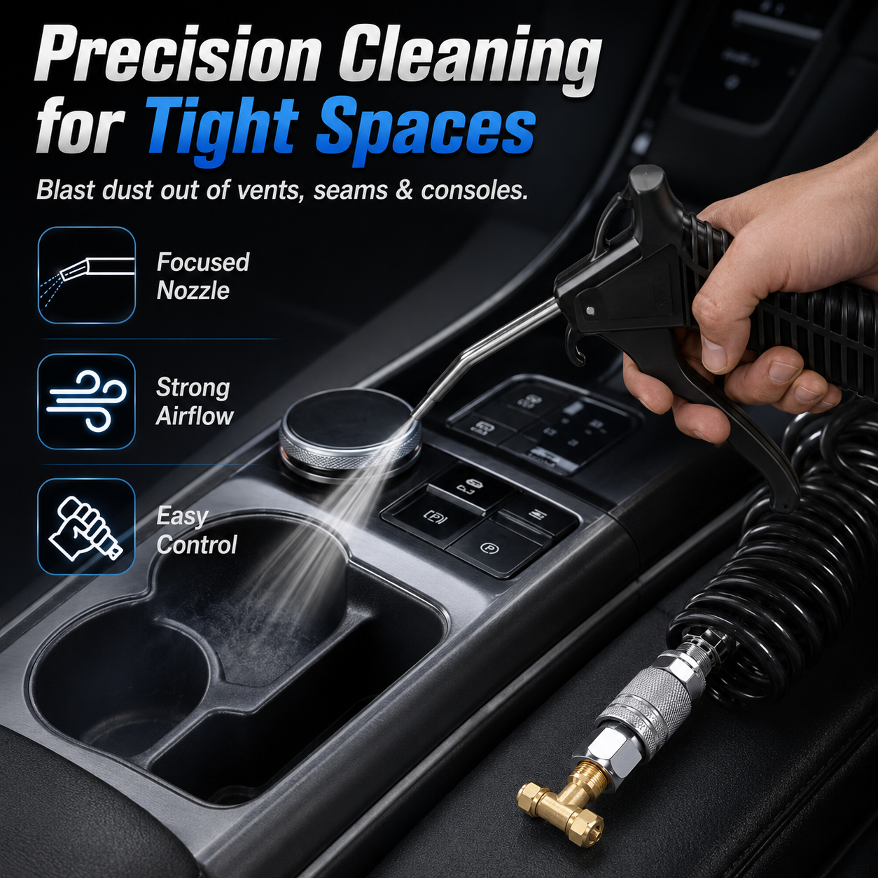 💨 High Flow Air Blow Gun Kit with 16FT Coiled PU Hose & Brass T-Fitting