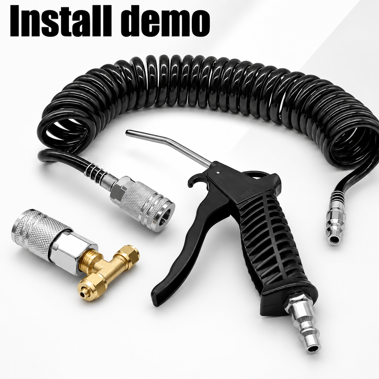 💨 High Flow Air Blow Gun Kit with 16FT Coiled PU Hose & Brass T-Fitting
