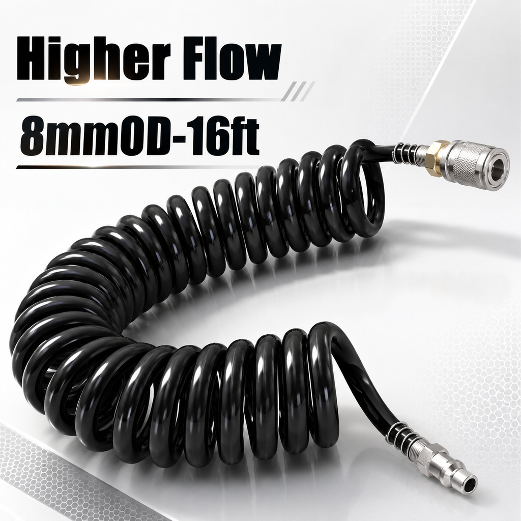 💨 High Flow Air Blow Gun Kit with 16FT Coiled PU Hose & Brass T-Fitting