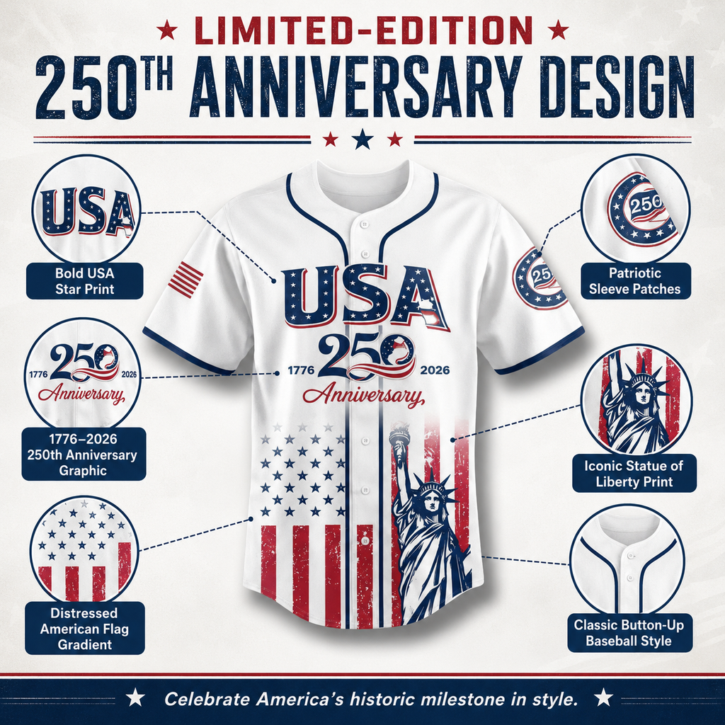 USA 250th Anniversary Baseball Jersey – 1776-2026 Independence Day Patriotic Shirt, Men & Women, Flag & Liberty Print