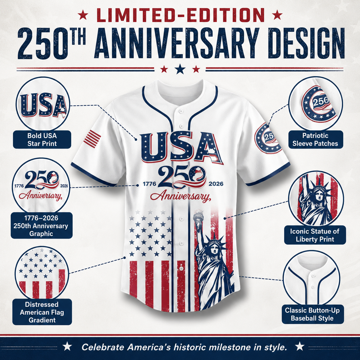 USA 250th Anniversary Baseball Jersey – 1776-2026 Independence Day Patriotic Shirt, Men & Women, Flag & Liberty Print