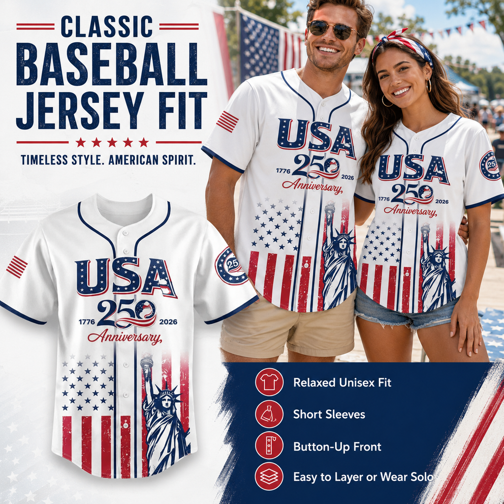 USA 250th Anniversary Baseball Jersey – 1776-2026 Independence Day Patriotic Shirt, Men & Women, Flag & Liberty Print