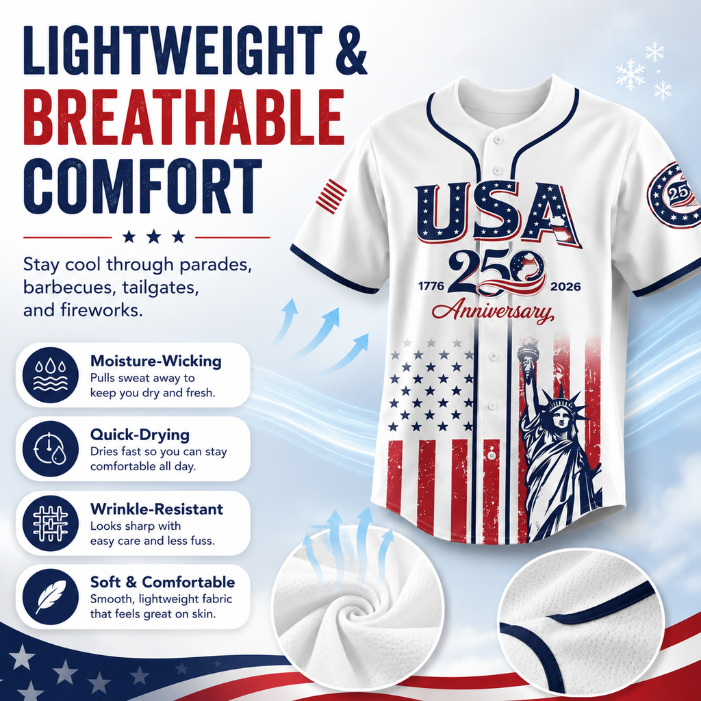 USA 250th Anniversary Baseball Jersey – 1776-2026 Independence Day Patriotic Shirt, Men & Women, Flag & Liberty Print