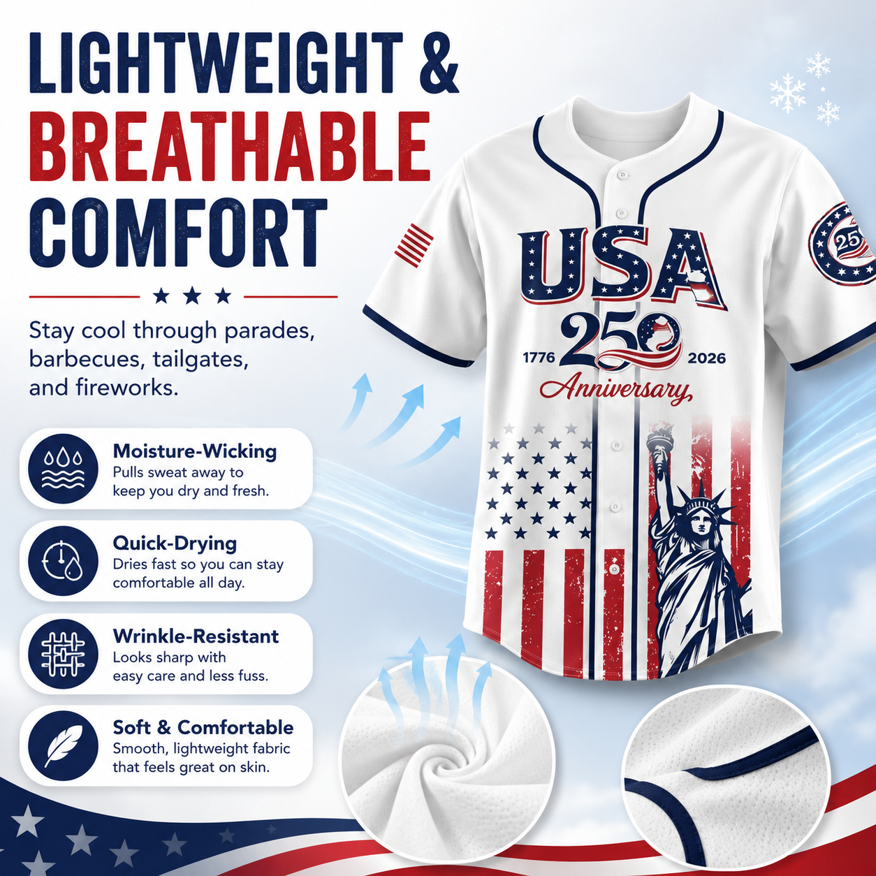USA 250th Anniversary Baseball Jersey – 1776-2026 Independence Day Patriotic Shirt, Men & Women, Flag & Liberty Print