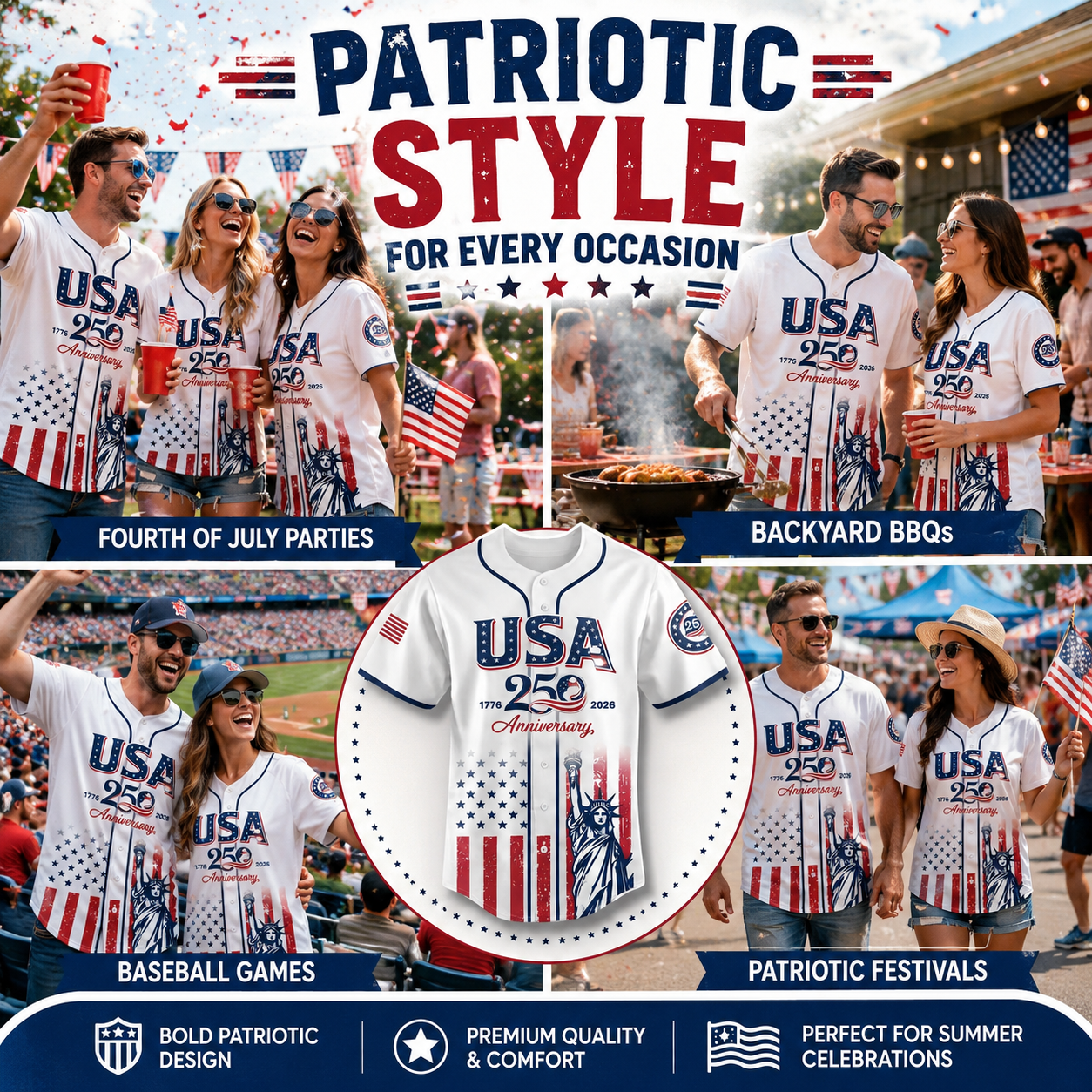 USA 250th Anniversary Baseball Jersey – 1776-2026 Independence Day Patriotic Shirt, Men & Women, Flag & Liberty Print