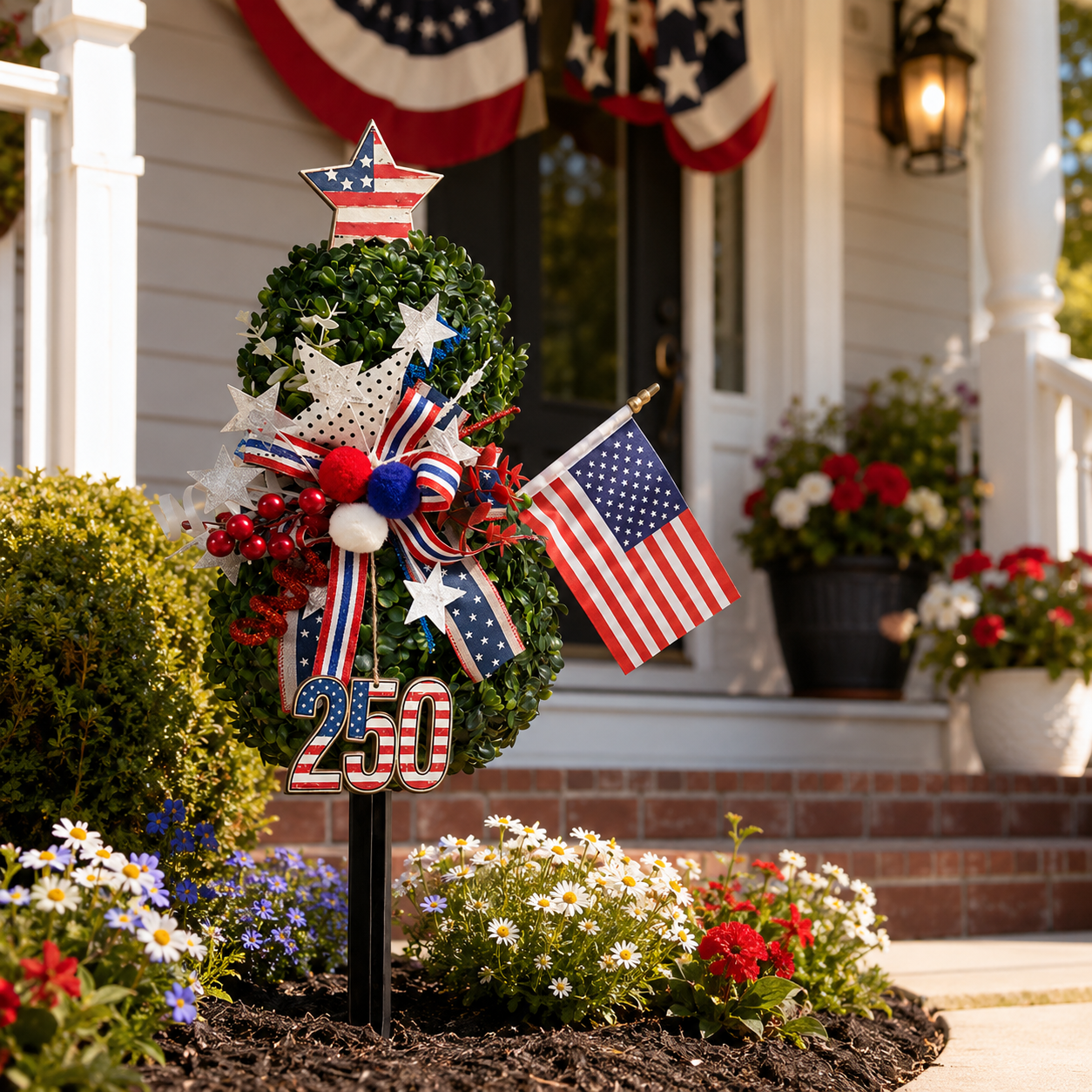 USA 250th Anniversary Patriotic Topiary Garden Stake, Red White Blue Yard Decor for 4th of July, Memorial Day & Independence Day