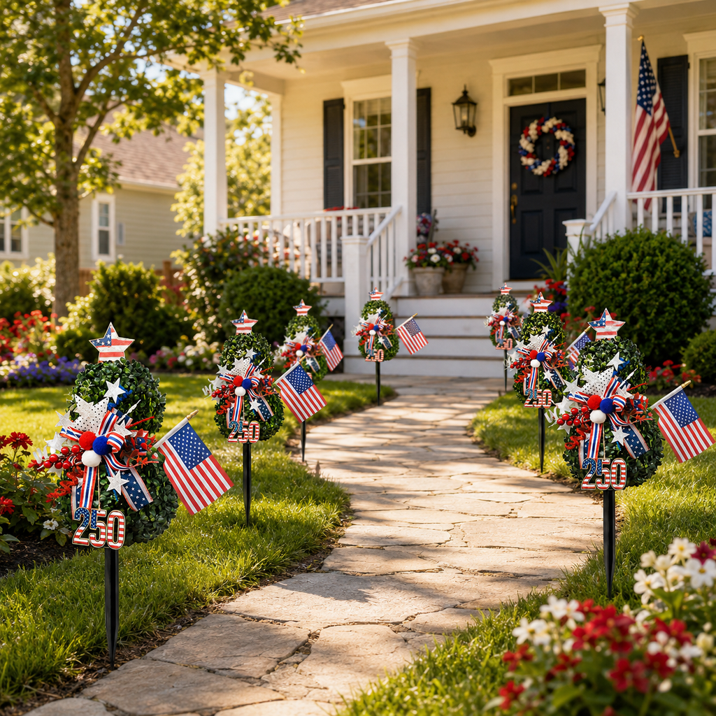 USA 250th Anniversary Patriotic Topiary Garden Stake, Red White Blue Yard Decor for 4th of July, Memorial Day & Independence Day