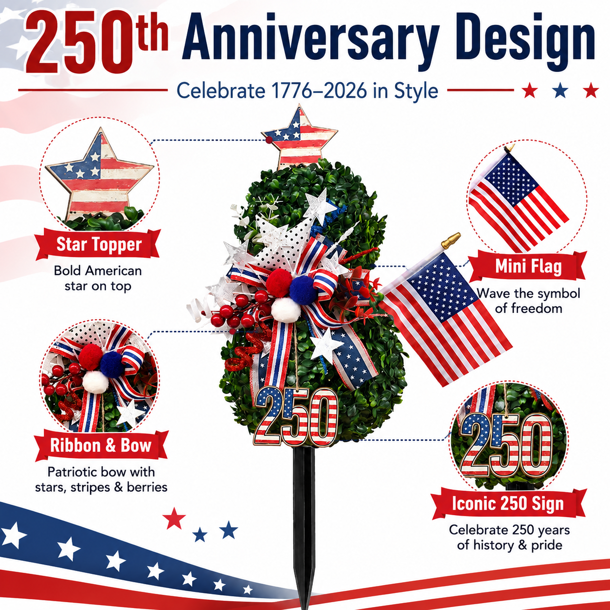 USA 250th Anniversary Patriotic Topiary Garden Stake, Red White Blue Yard Decor for 4th of July, Memorial Day & Independence Day