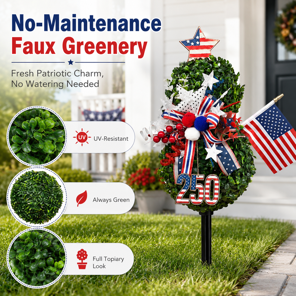 USA 250th Anniversary Patriotic Topiary Garden Stake, Red White Blue Yard Decor for 4th of July, Memorial Day & Independence Day