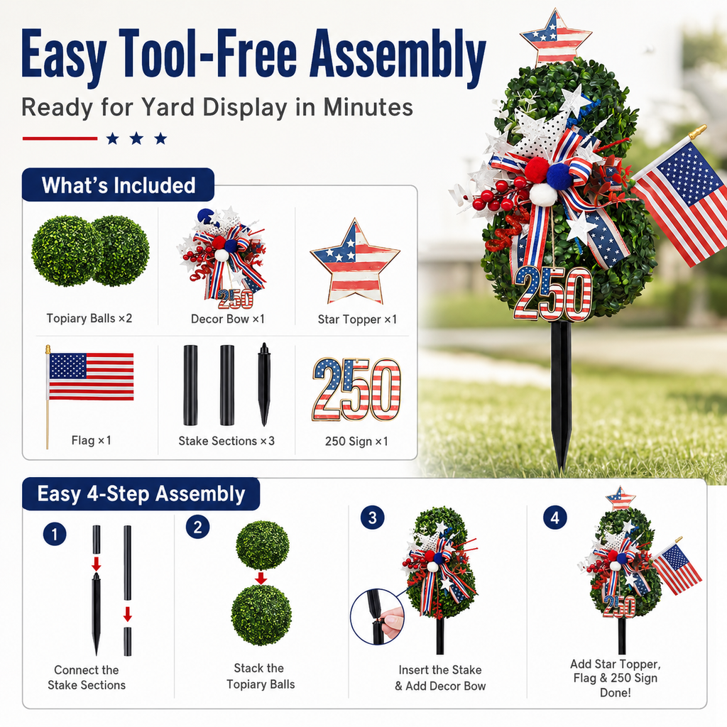 USA 250th Anniversary Patriotic Topiary Garden Stake, Red White Blue Yard Decor for 4th of July, Memorial Day & Independence Day