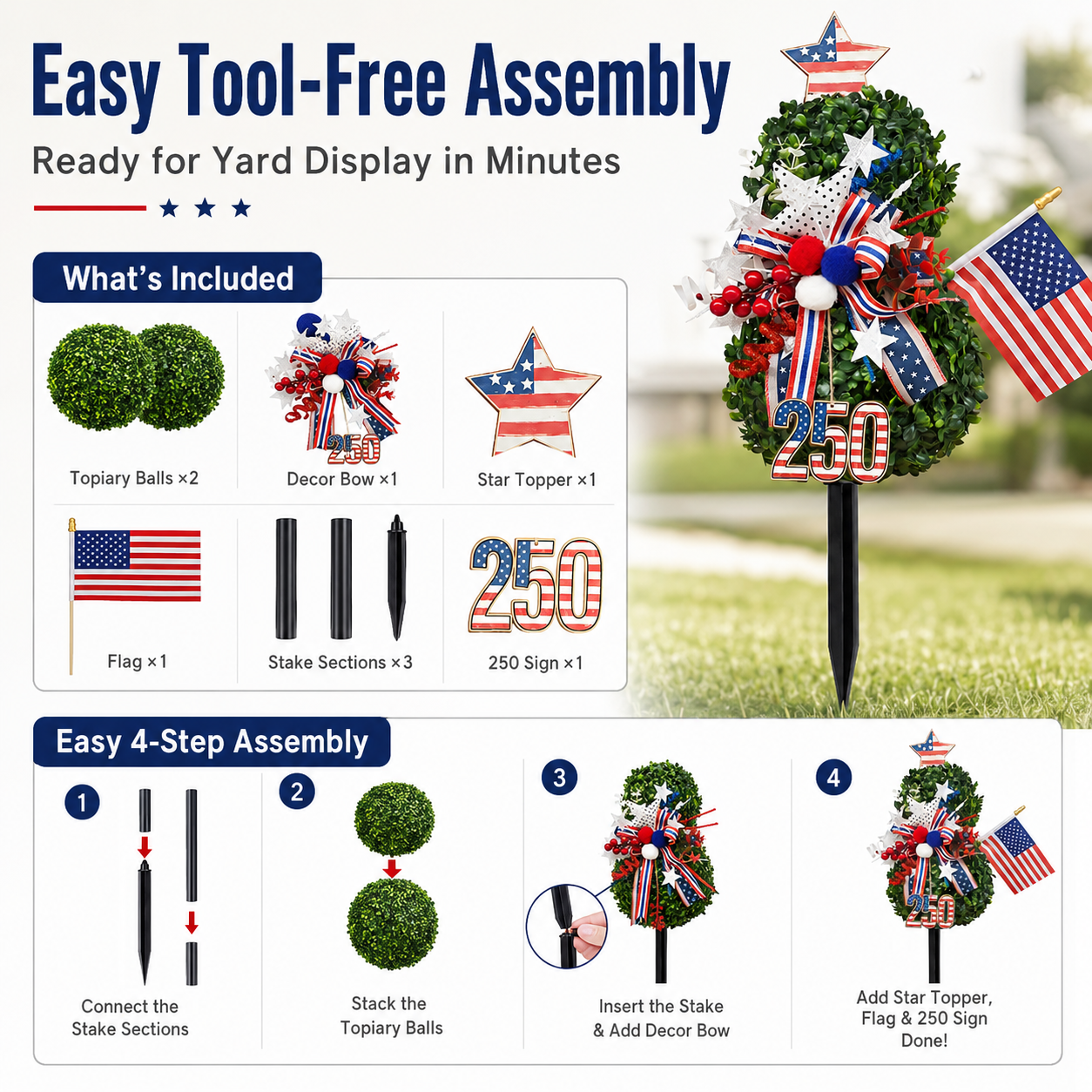 USA 250th Anniversary Patriotic Topiary Garden Stake, Red White Blue Yard Decor for 4th of July, Memorial Day & Independence Day