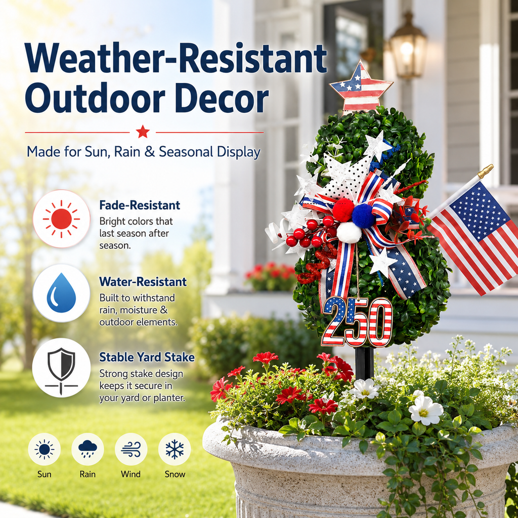 USA 250th Anniversary Patriotic Topiary Garden Stake, Red White Blue Yard Decor for 4th of July, Memorial Day & Independence Day