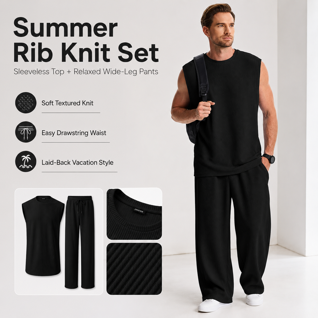 Mens 2 Piece Rib Knit Sweatsuit Summer Sleeveless Tank Top Baggy Wide Leg Pants Set Vacation Beach Outfit for Men