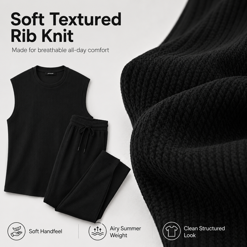 Mens 2 Piece Rib Knit Sweatsuit Summer Sleeveless Tank Top Baggy Wide Leg Pants Set Vacation Beach Outfit for Men