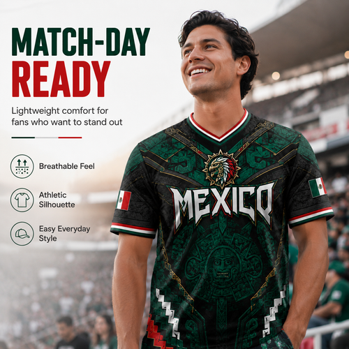 2026 New Mexico Eagle Warrior V-Neck Sports Jersey, Aztec Calendar Graphic Short Sleeve Shirt for Men, Green Black Soccer Fan Tee,summerwins