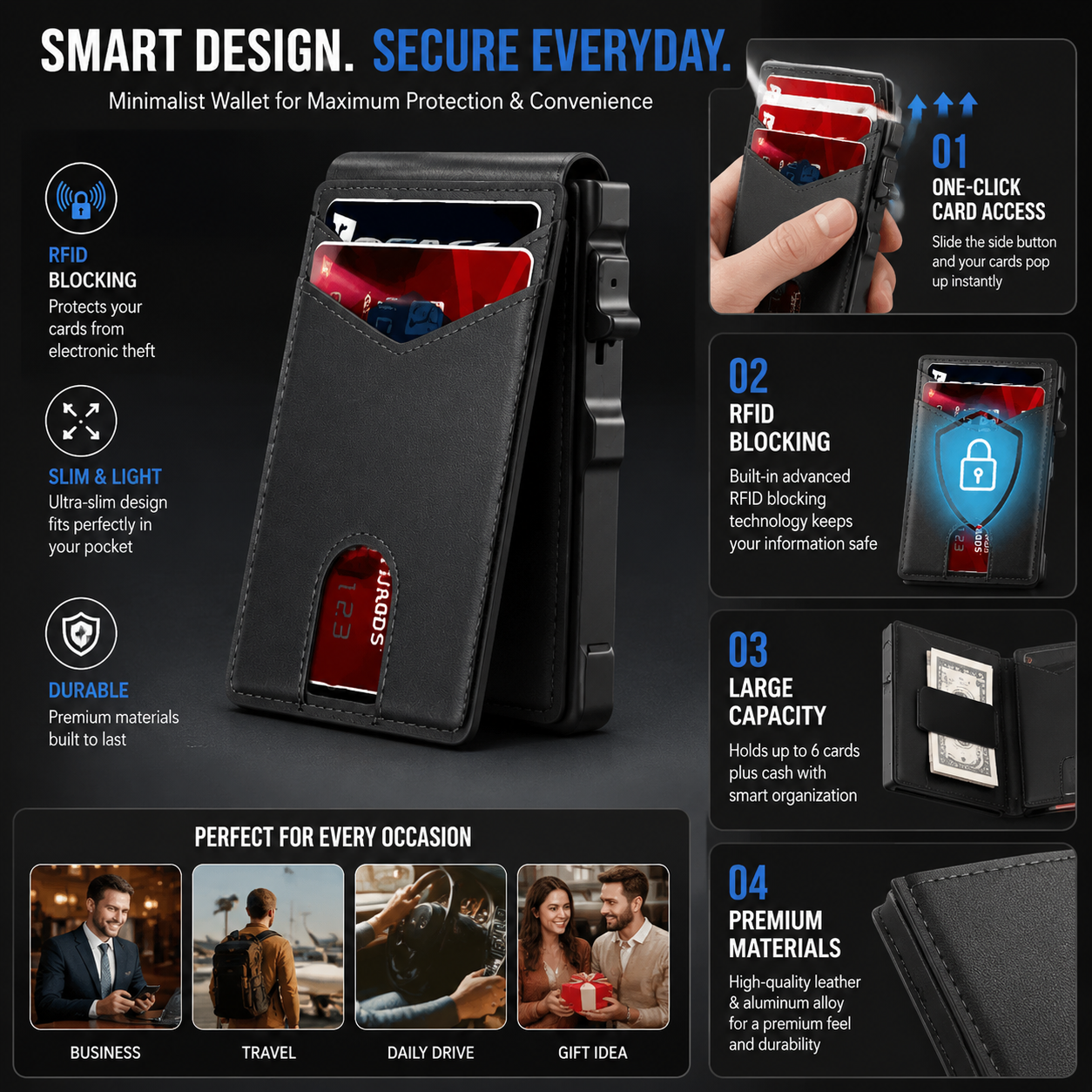 🔥RFID Blocking Minimalist Pop-Up Wallet | One-Second Card Eject Design & Ultra Slim Pocket Wallet