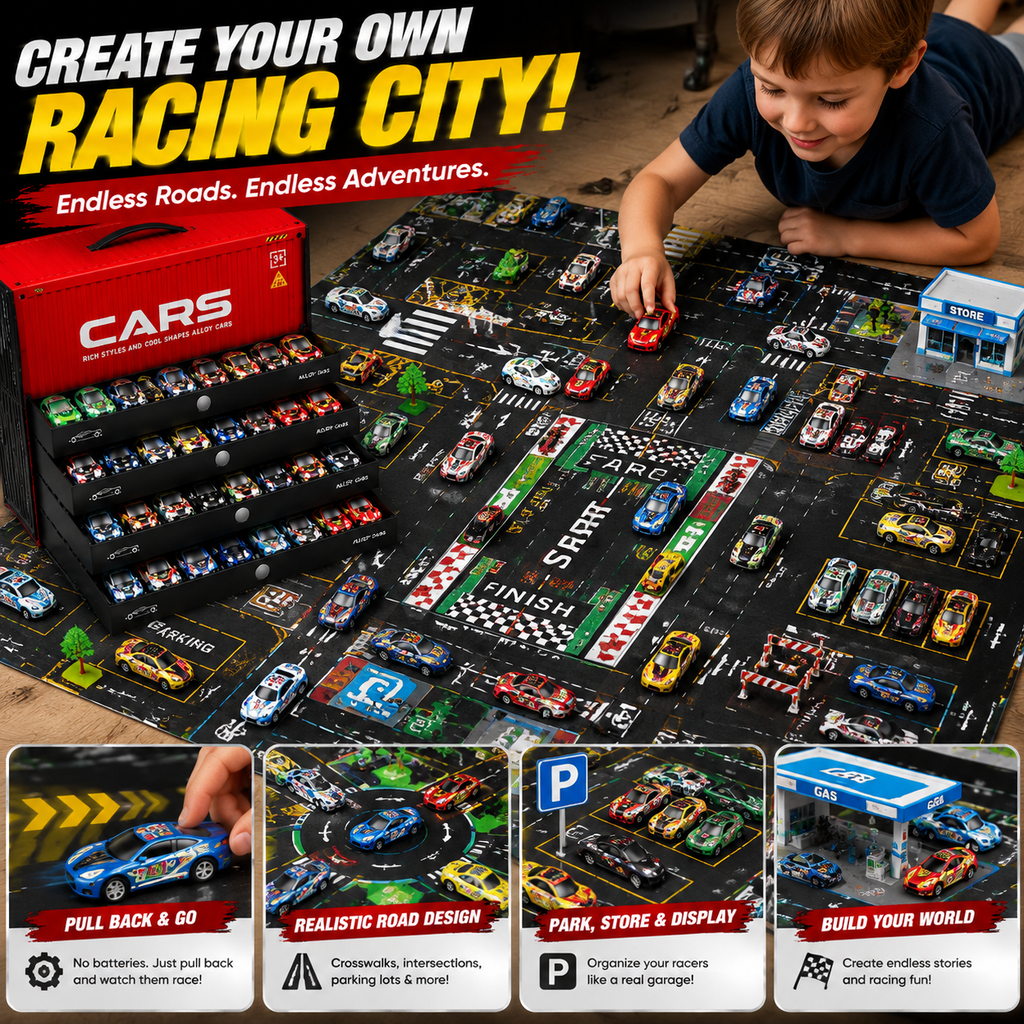 🚗 48PCS Pull-Back Alloy Racing Car Set | 4-Layer Garage Storage & Racing Track Play Mat 🎁（副本）