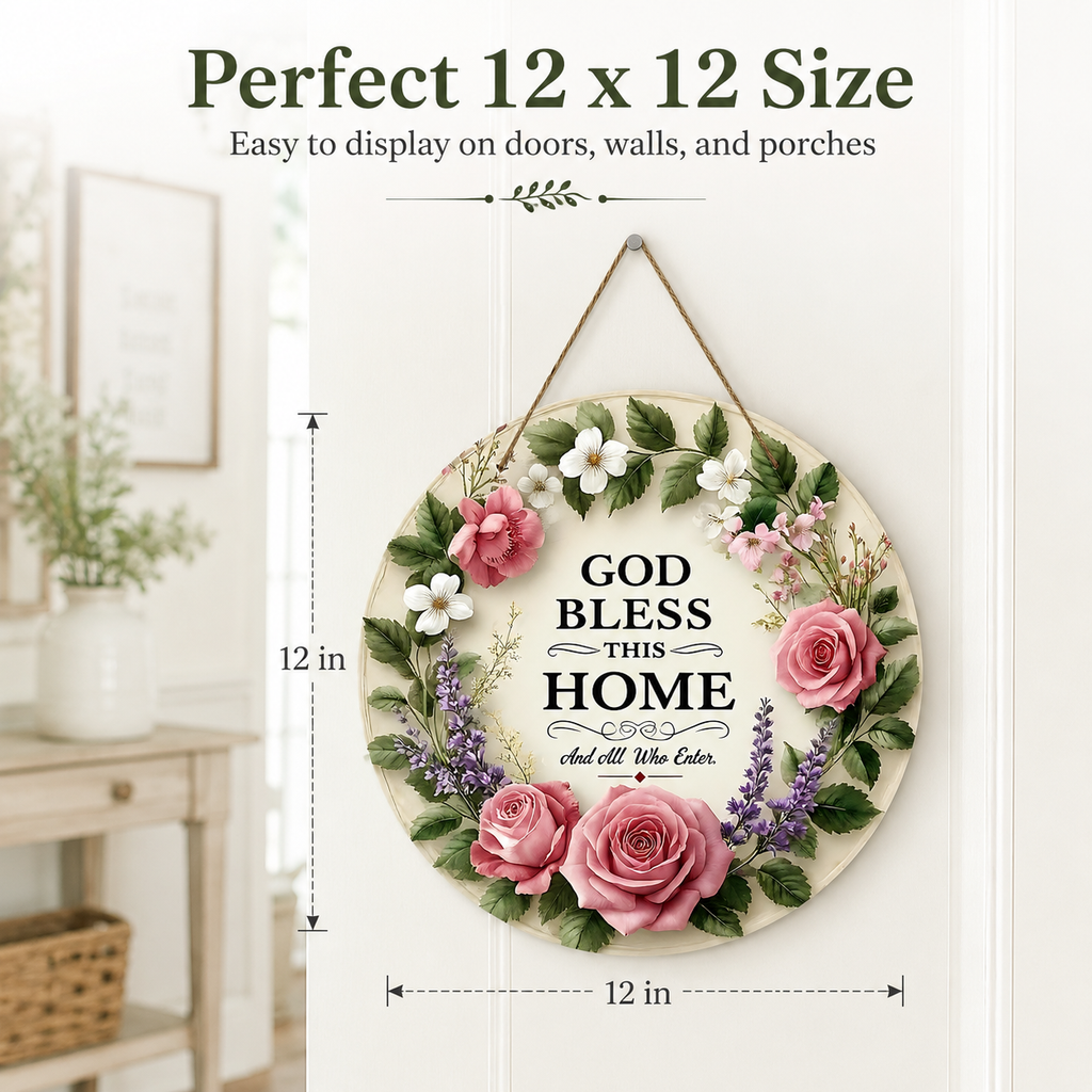 [Father's Day Gift] "God Bless This Home" Round Wooden Sign, Wreath Wall Decoration, Farmhouse Style Front Door Hanging, Inspirational Home Decor, Christian Welcome Sign, Suitable for Porch, Living Room, Housewarming Gift