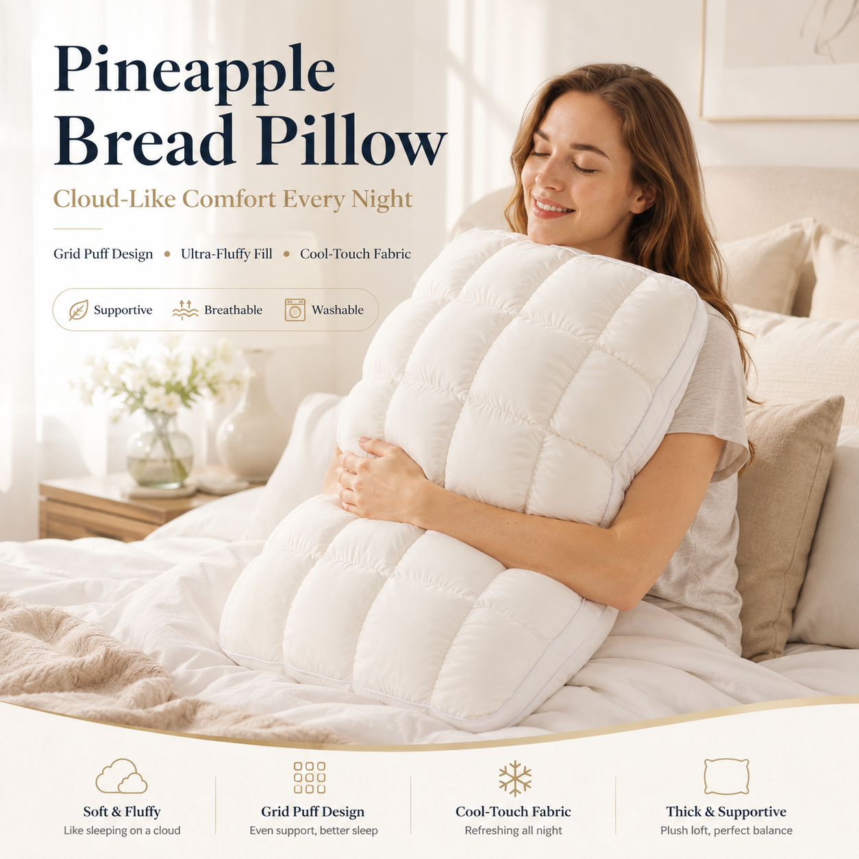Pineapple Bread Grid Pillow | Dual Layer Fluffy Cooling Bed Pillow, Machine Washable Support Pillow for Side & Back Sleepers