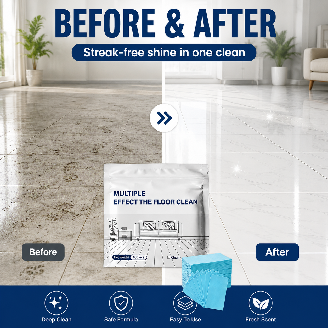 Multi-Effect Floor Cleaning Tablets, Fast Dissolving, No-Rinse Formula for Hardwood, Tile & All Floor Types
