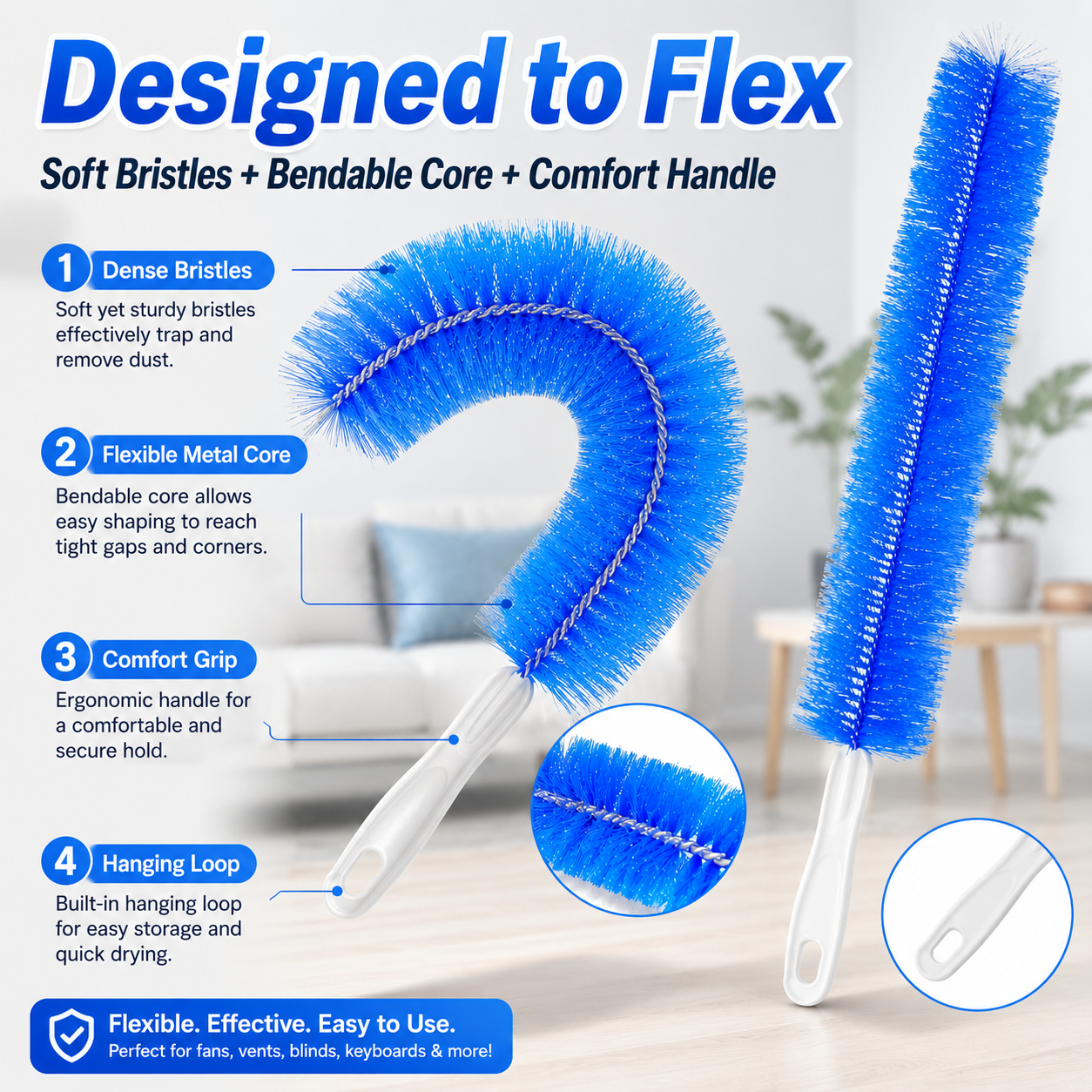 Bendable Microfiber Head,Reusable Dust Remover,Fan Cleaner Brush,Duster,Cleaner Brush,Washable,ldeal for Ceiling Fan Blades,Curtains,Air Vents,Cars Et.