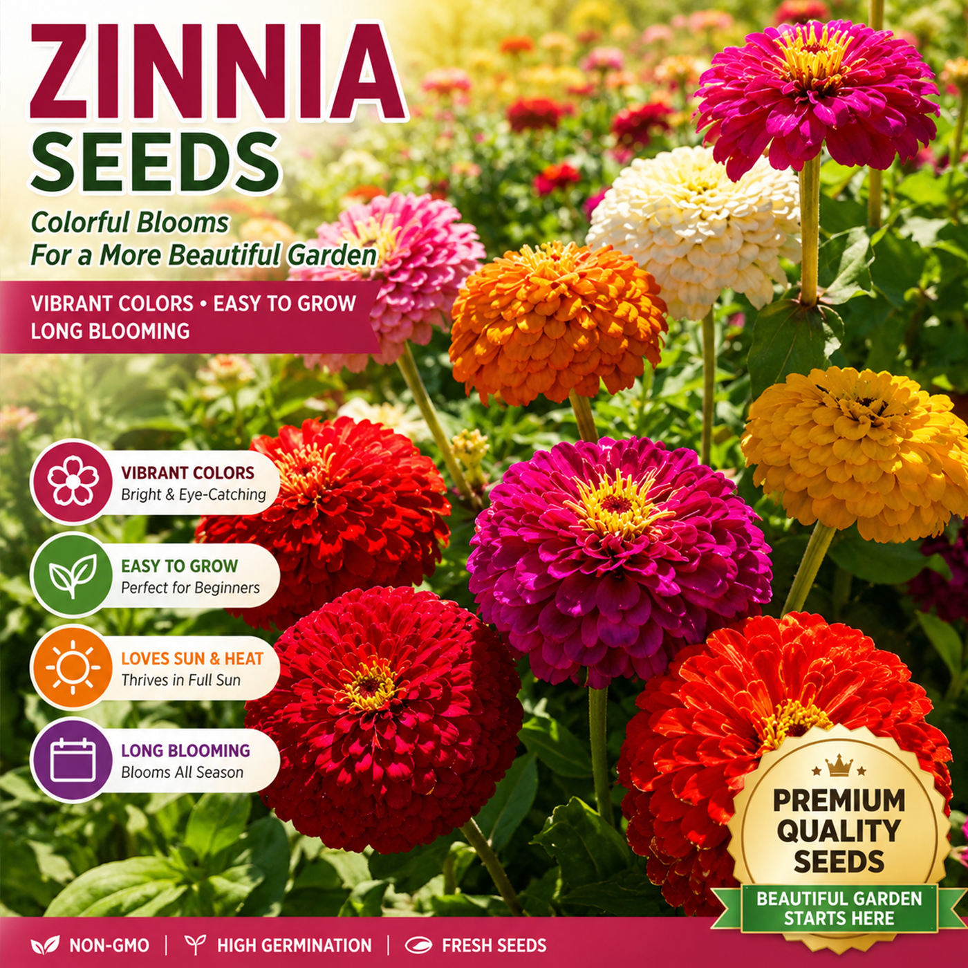 100-Day Bloom Mixed Zinnia Seeds – Easy-Grow Colorful Flowers for Sunny Gardens