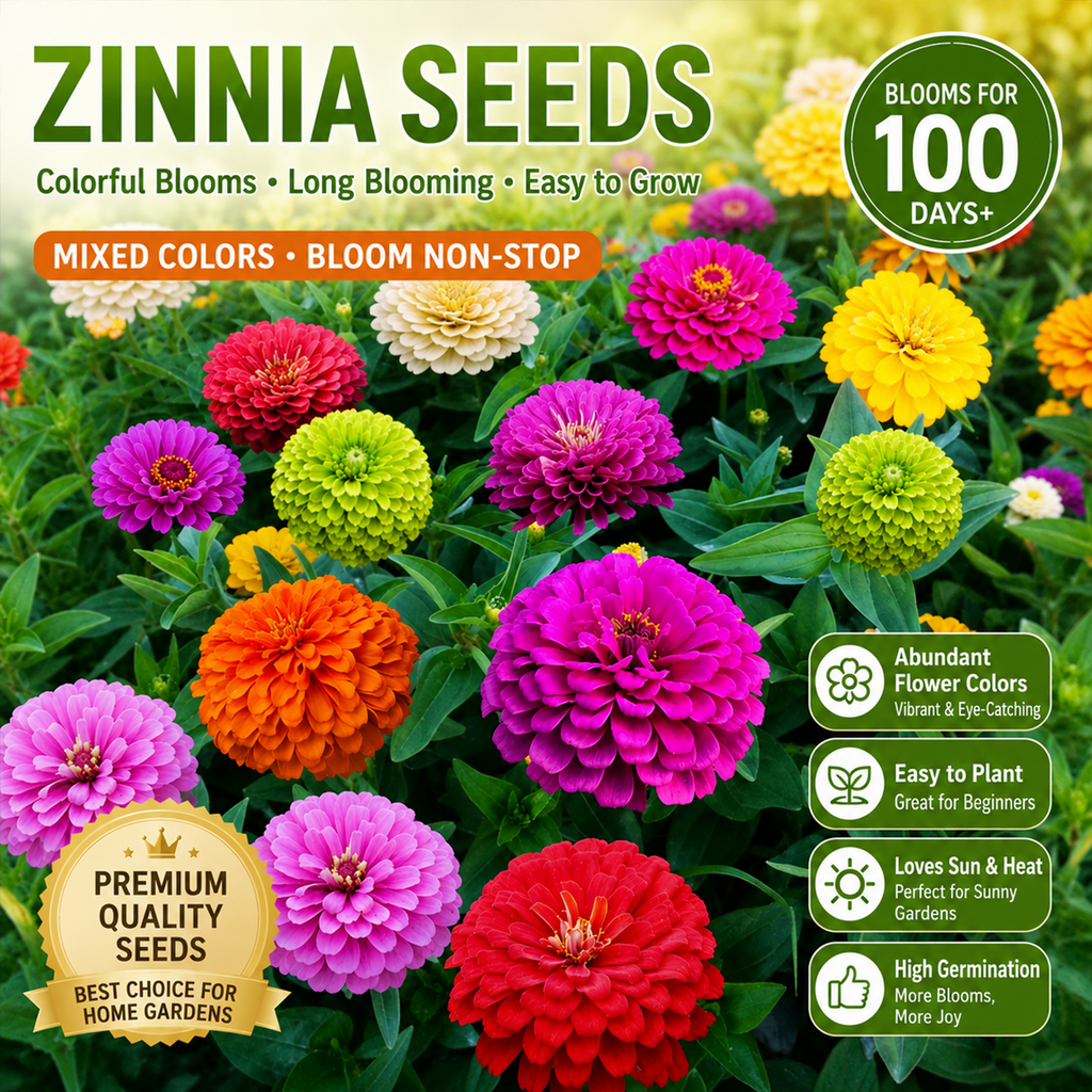 100-Day Bloom Mixed Zinnia Seeds – Easy-Grow Colorful Flowers for Sunny Gardens
