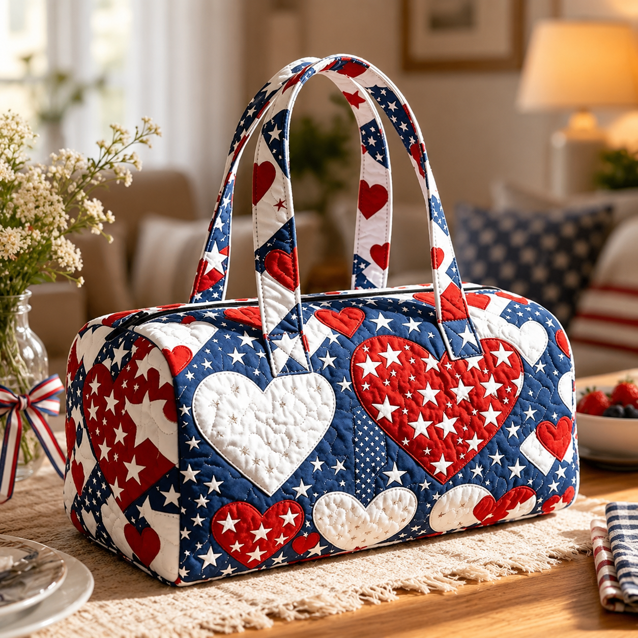 Patriotic Quilted Tote Bag | 3D Floral American Flag Travel Duffel