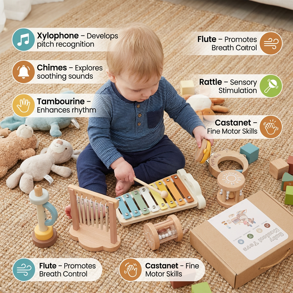 6-Piece Wooden Baby Musical Instrument Set – Sensory Sound & Music Toy