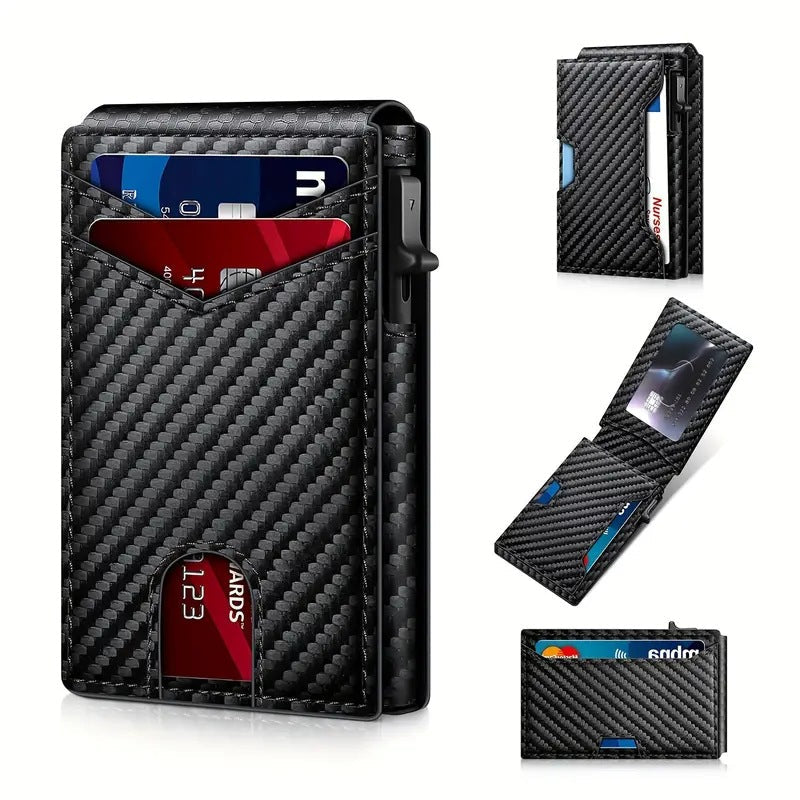 AirTag Wallet for Men - with Pop Up Aluminum Case Money Clip Slim Leather Slots Credit Card Holder RFID Blocking Bifold Minimalist Wallet