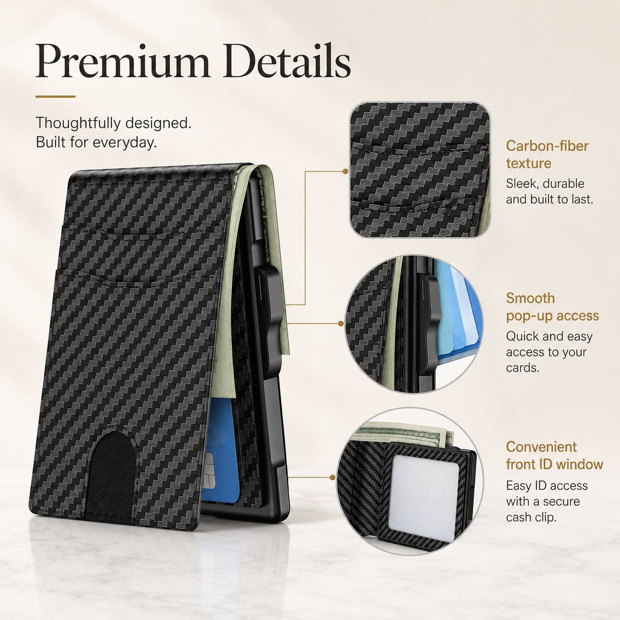 💰Pop-Up Wallet – Aluminum + Leather, RFID Blocking, Cash & Card Slots