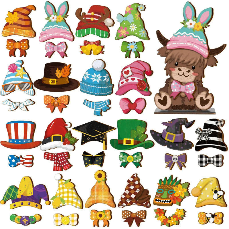 Cute Animal Wooden Sign with Interchangeable Hats for Home Decor