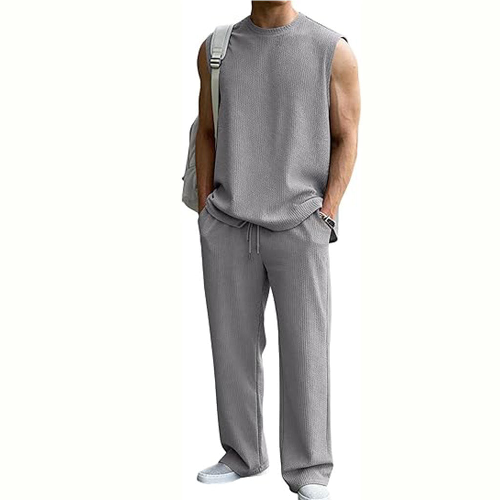 Mens 2 Piece Rib Knit Sweatsuit Summer Sleeveless Tank Top Baggy Wide Leg Pants Set Vacation Beach Outfit for Men