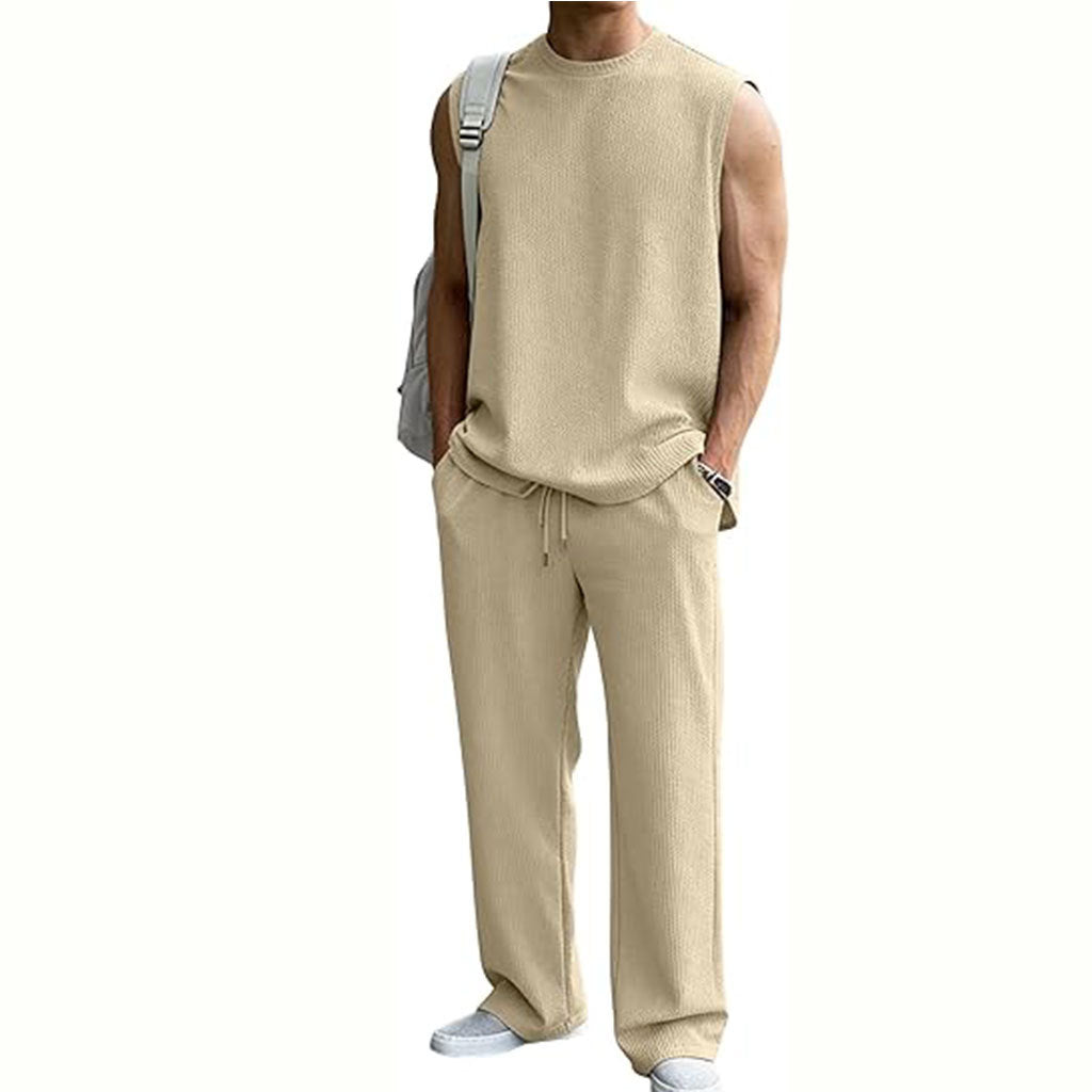 Mens 2 Piece Rib Knit Sweatsuit Summer Sleeveless Tank Top Baggy Wide Leg Pants Set Vacation Beach Outfit for Men