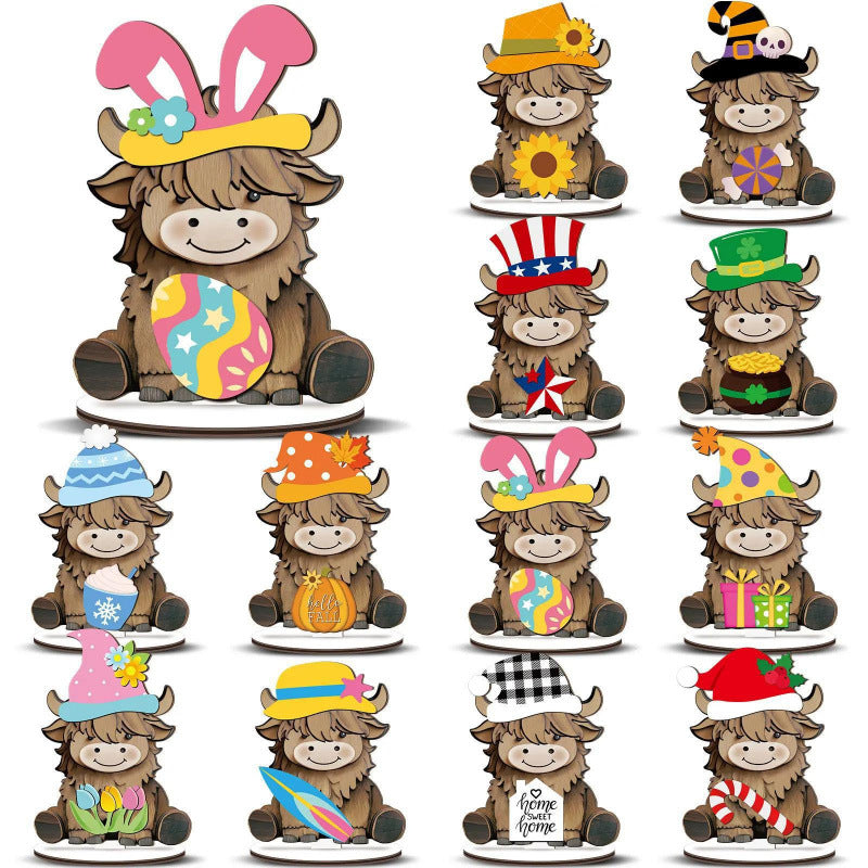 Cute Animal Wooden Sign with Interchangeable Hats for Home Decor