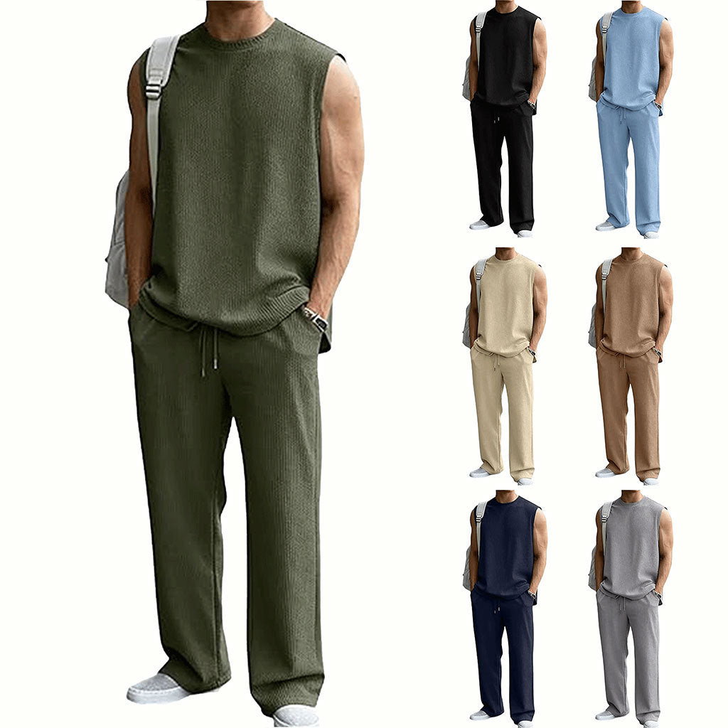 Mens 2 Piece Rib Knit Sweatsuit Summer Sleeveless Tank Top Baggy Wide Leg Pants Set Vacation Beach Outfit for Men
