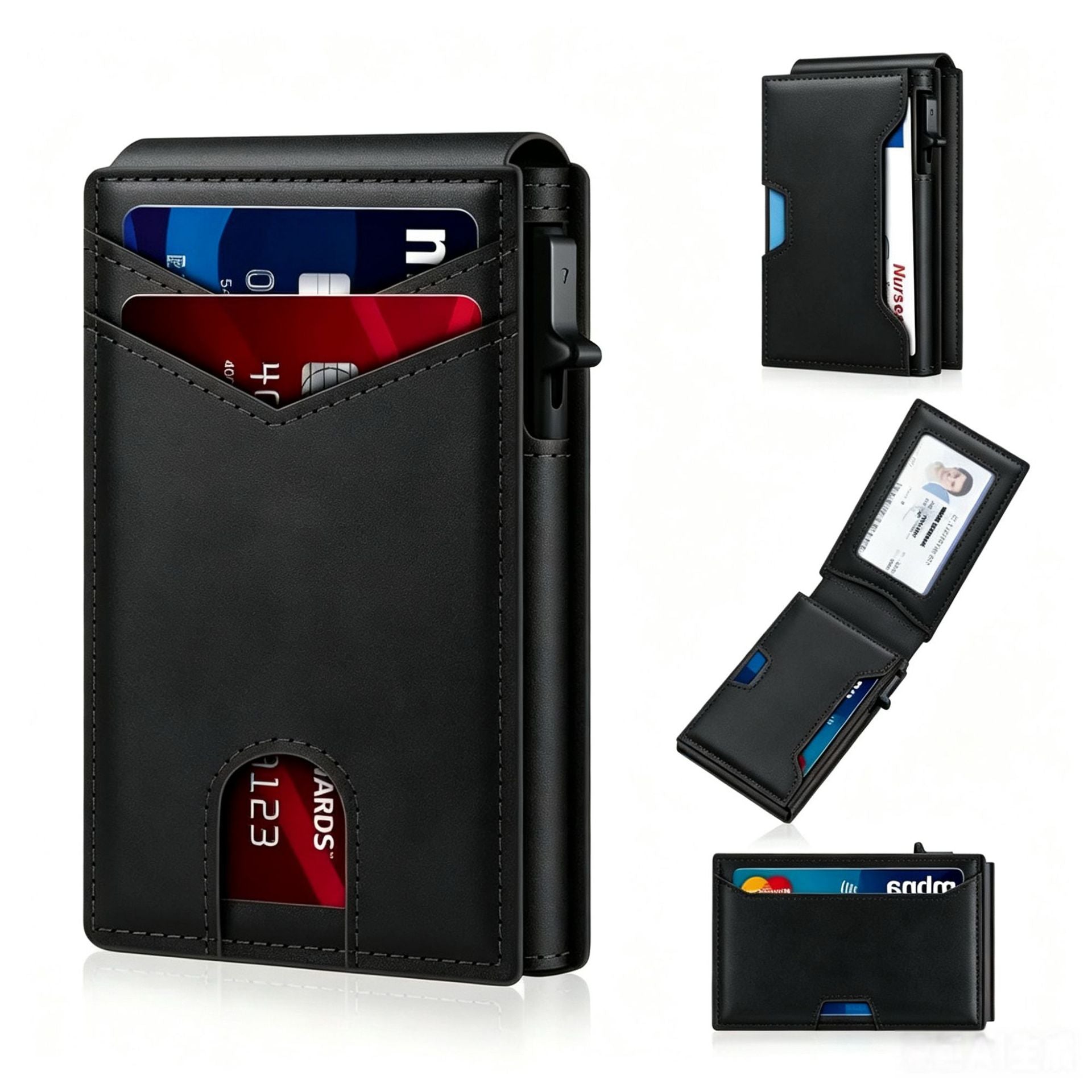 AirTag Wallet for Men - with Pop Up Aluminum Case Money Clip Slim Leather Slots Credit Card Holder RFID Blocking Bifold Minimalist Wallet